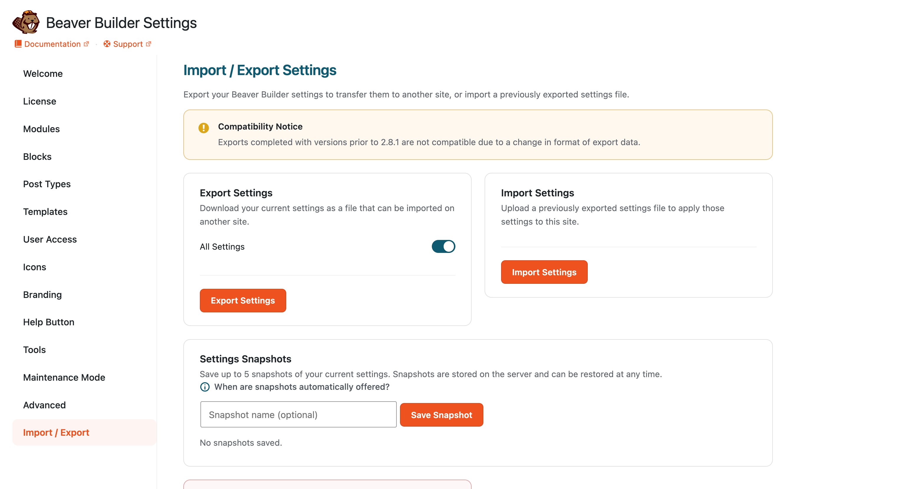 Import &amp; Export Settings